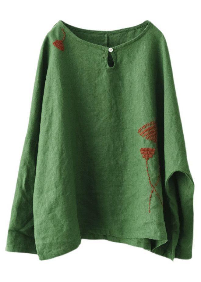 Green Loose Embroidered Fall Linen Shirt Tops Long Sleeve