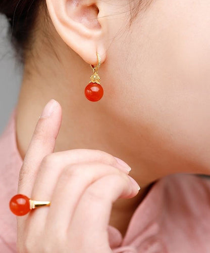 Art Red 18k Gold Inlaid Agate Drop Earrings