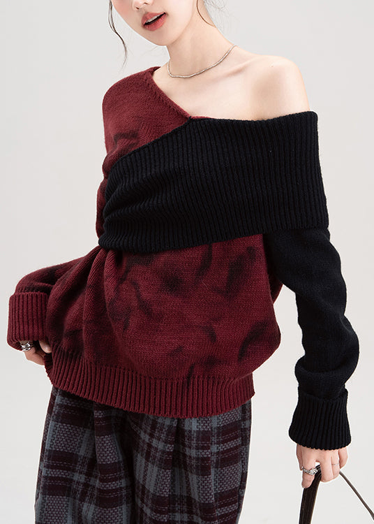Red Cold Shoulder Patchwork Knit Sweaters Fall