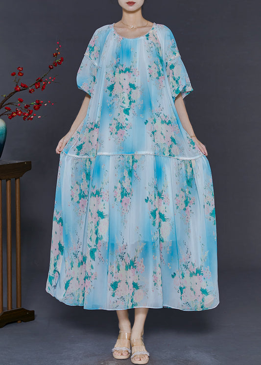 Diy Sky Blue Oversized Print Chiffon Long Dress Summer