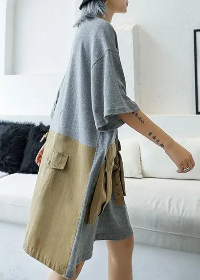 Loose Patchwork Big Pockets Cotton Clothes Inspiration Gray Dresses Summer