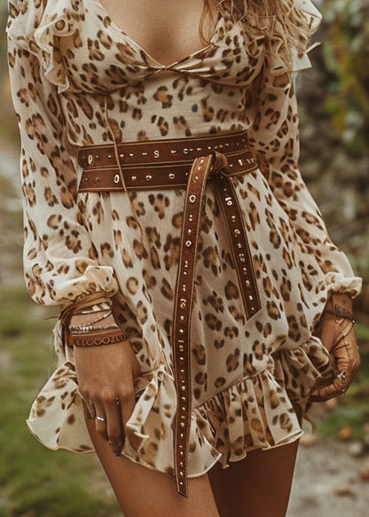 Pastoral Leopard Style Long Sleeve Short Dresses