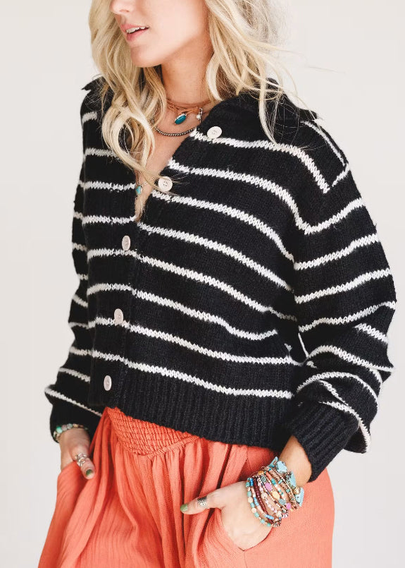 French Green Peter Pan Collar Striped Knit Short Sweaters Fall