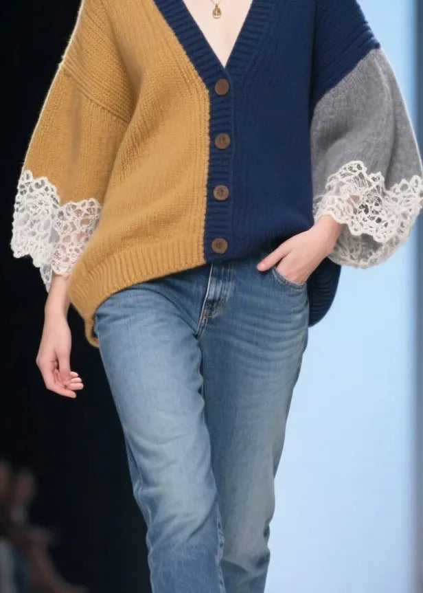 Art Colorblock Oversized Patchwork Lace Knit Cardigans Winter