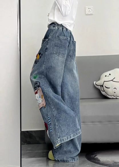 Style Blue Embroidered Patchwork Dog Applique Denim Straight Pants Spring