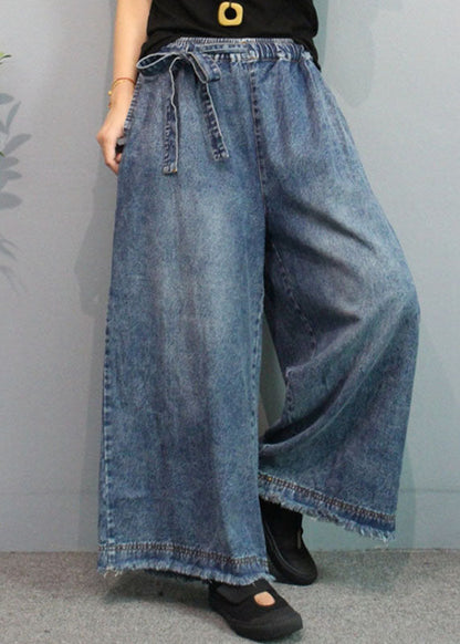 Blue Retro Pockets Tie Waist Fall Wide Leg Denim Pants