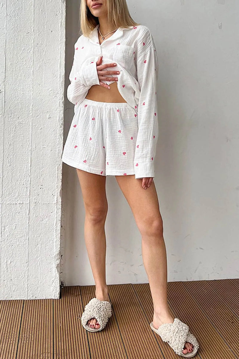 Heart Print Blouse Shorts Cotton Loungewear