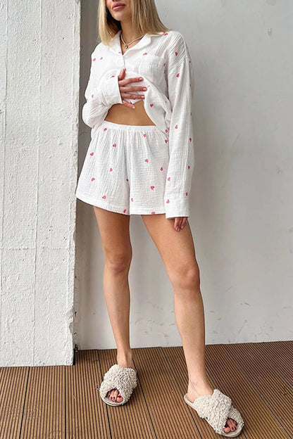 Heart Print Blouse Shorts Cotton Loungewear