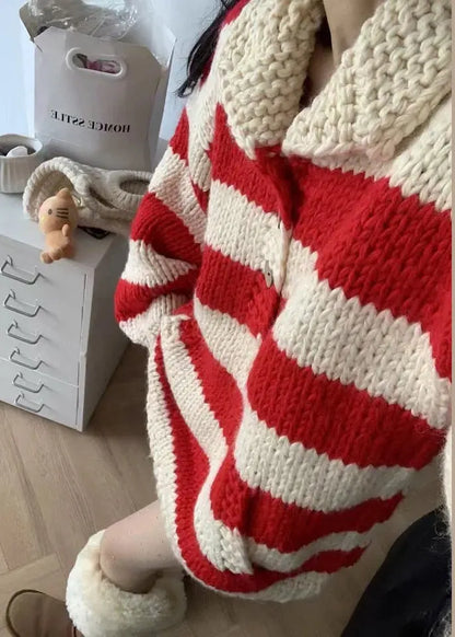 Red Oversized Striped Knit Sweaters Winter
