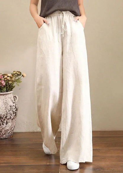 French Black Bird Elastic Waist Pockets Linen Wide Leg Pants Summer