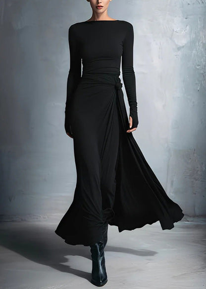 Fitted Grey Slash Neck Patchwork Cotton Long Dress Fall