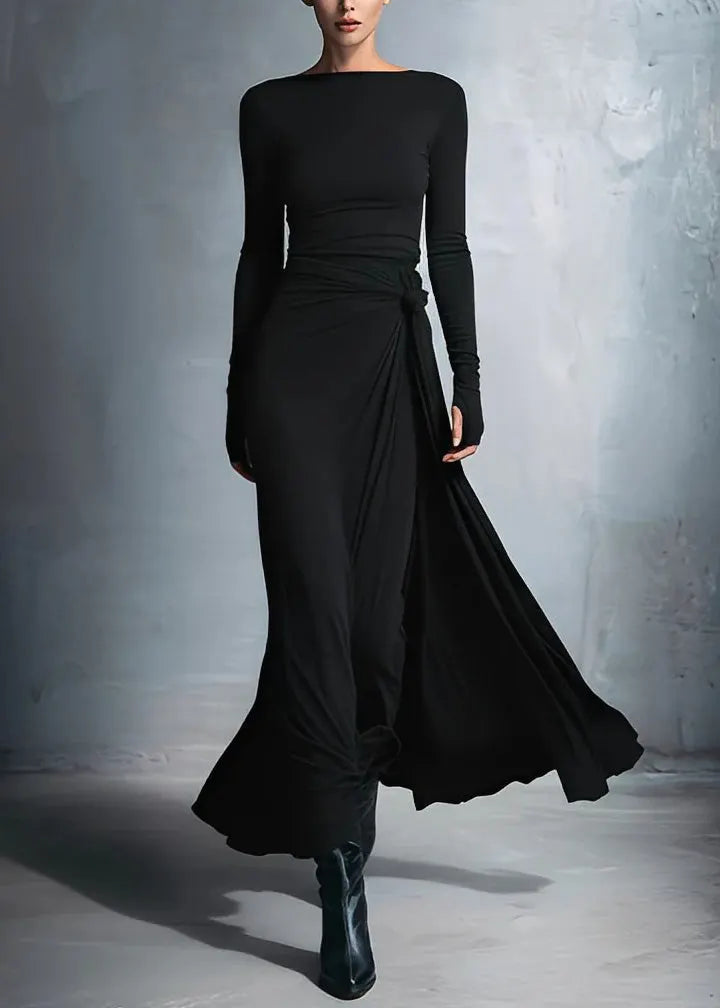 Fitted Grey Slash Neck Patchwork Cotton Long Dress Fall
