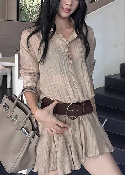New Khaki Peter Pan Collar Button Cotton Mini Dresses Summer