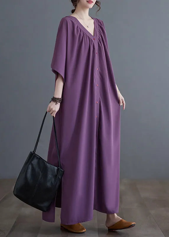 Purple Side Open Long Dresses Short Sleeve