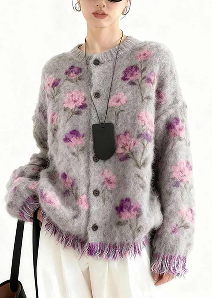 New Purple Print Button Tassel Cotton Knit Cardigans Spring