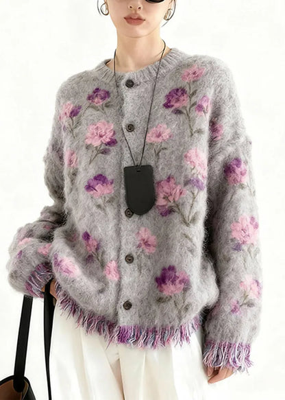 New Purple Print Button Tassel Cotton Knit Cardigans Spring