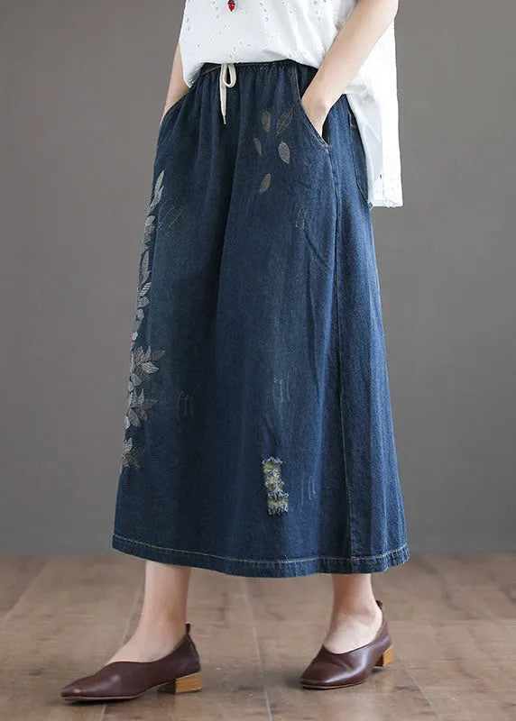 Dark Blue Pockets Cotton Denim Skirt Elastic Waist Ripped Summer