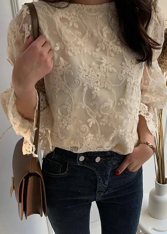 French Beige O-neck Embroidered Lace Tops Flare Sleeve