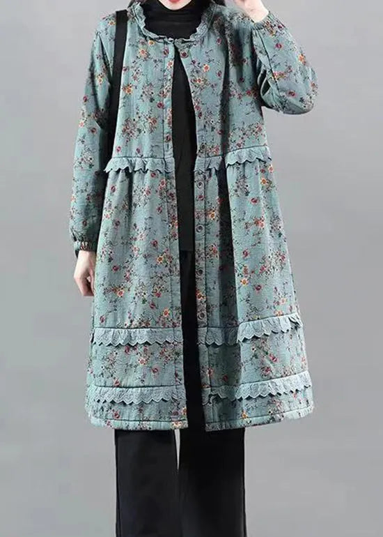 Blue Ruffled Lace Patchwork Warm Fleece Coat Fall