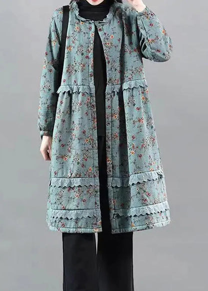 Blue Ruffled Lace Patchwork Warm Fleece Coat Fall