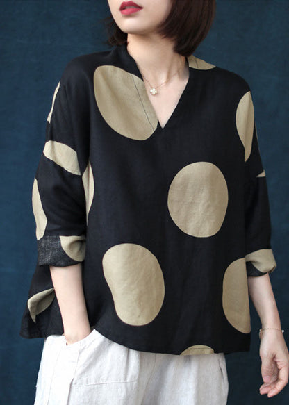 Modern Black V Neck Dot Print Linen Tops Spring