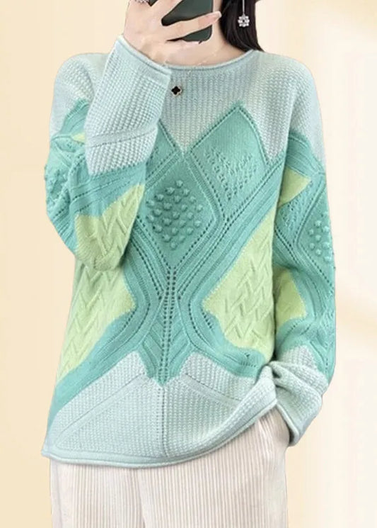 Green O-neck Plaid Cotton Knit Sweaters Fall