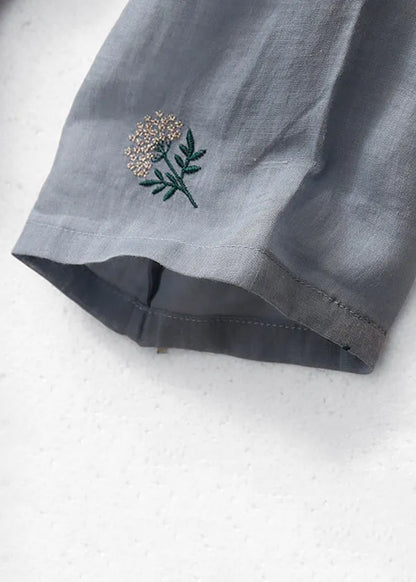 Grey Embroidered Button Cotton Dresses Half Sleeve