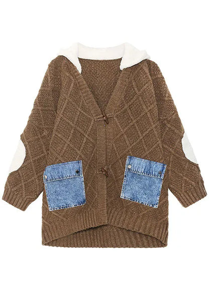 Unique Chocolate Hooded Patchwork Pockets Fall Sweaters Coat