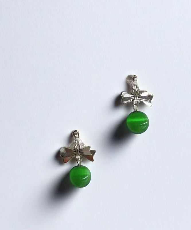Green Copper Alloy Cat's Eye Stone Bow Drop Earrings