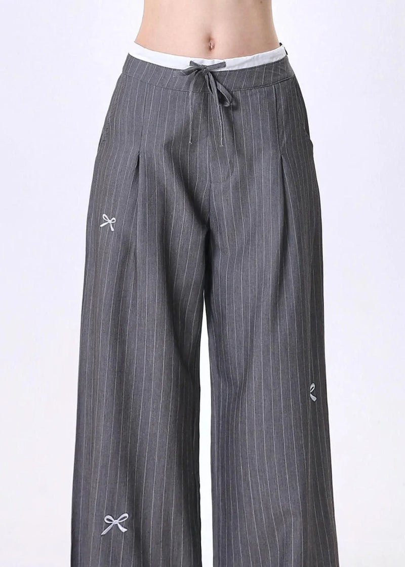 Grey Embroidered Bow Striped Patchwork Cotton Pants Spring