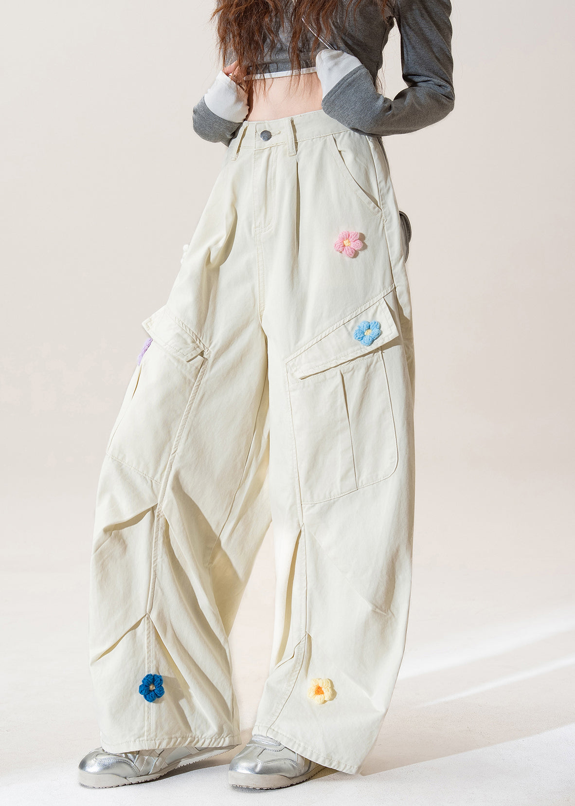 Apricot Pockets Wrinkled Denim Pants Fall
