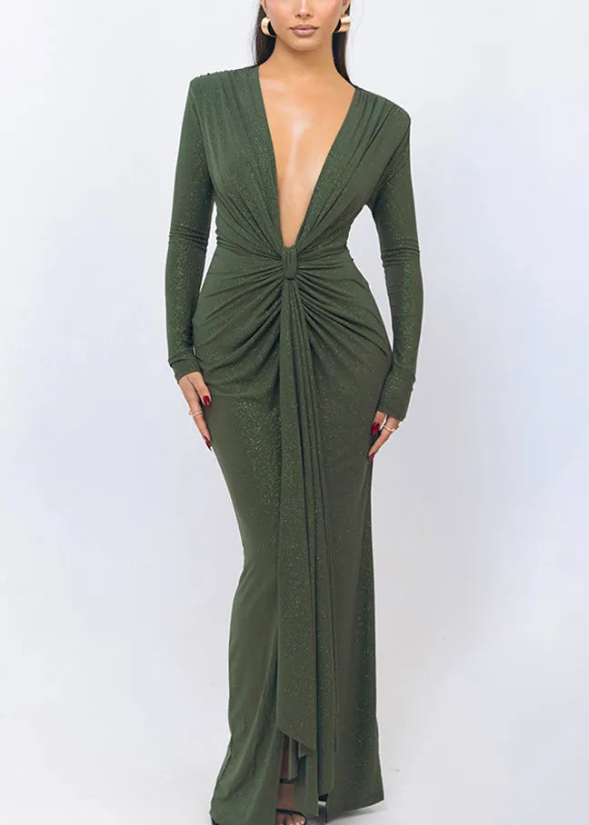 Original Design Green Wrinkled Side Open Robe Dresses