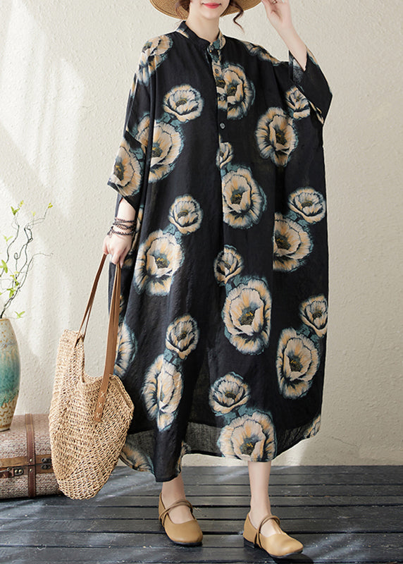 Black Stand Collar Print Long Dress Long Sleeve