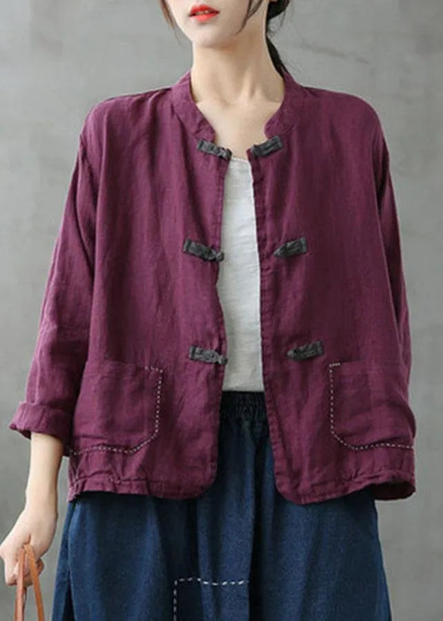 Boutique Green Stand Collar Embroidered Patchwork Linen Coat