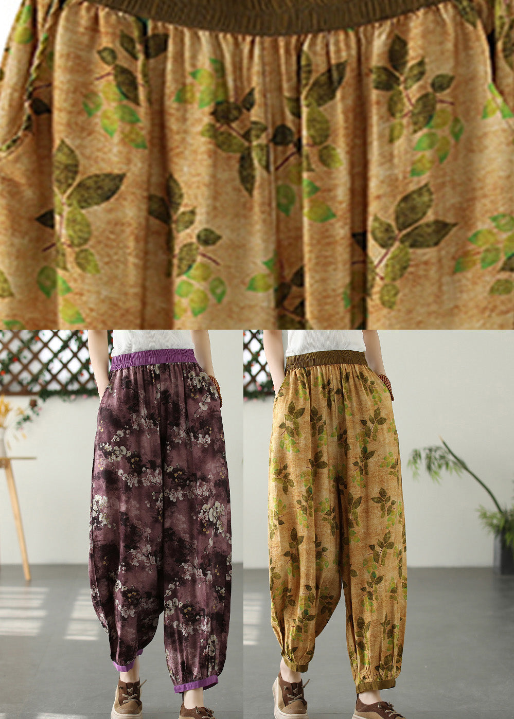 Yellow Wrinkled Elastic Waist Crop Lantern Pants