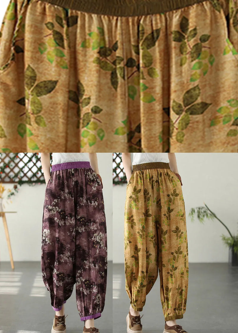 Yellow Wrinkled Elastic Waist Crop Lantern Pants