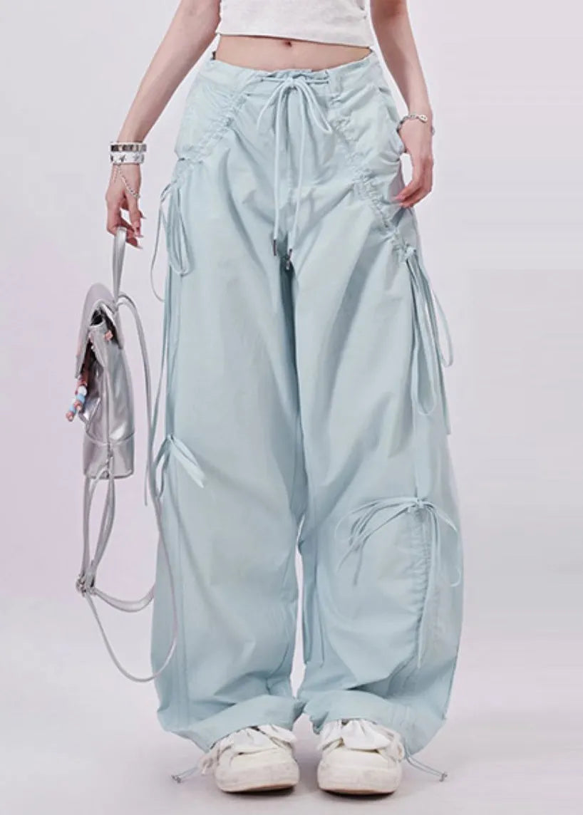 Light Blue Tie Waist Bow Cotton Pants Spring