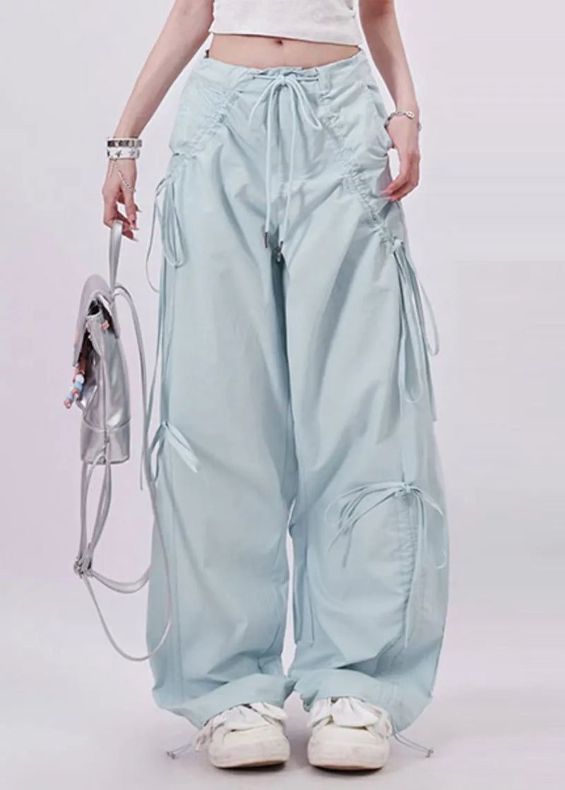 Light Blue Tie Waist Bow Cotton Pants Spring
