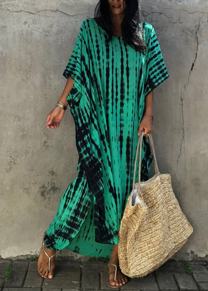 Boutique Green V Neck Tie Dye Cotton Long Dress Summer