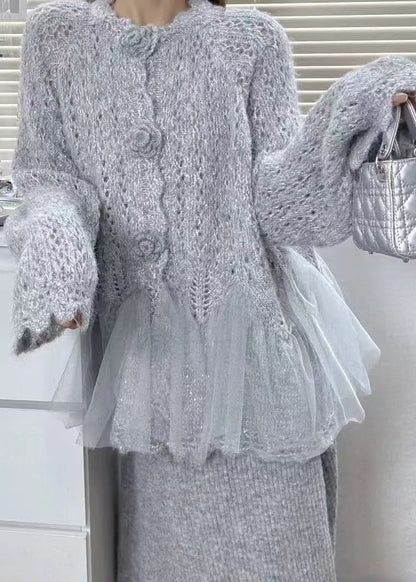 Pink Flower Patchwork Tulle Knit Cardigans Winter