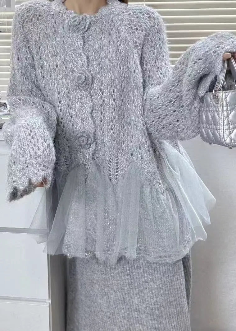 Pink Flower Patchwork Tulle Knit Cardigans Winter