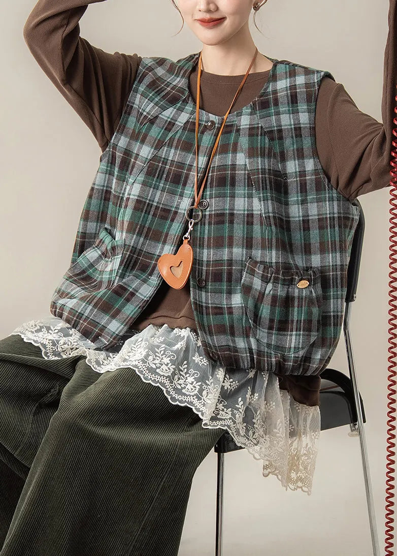 Green Plaid Cotton Vest Tops U Neck Spring