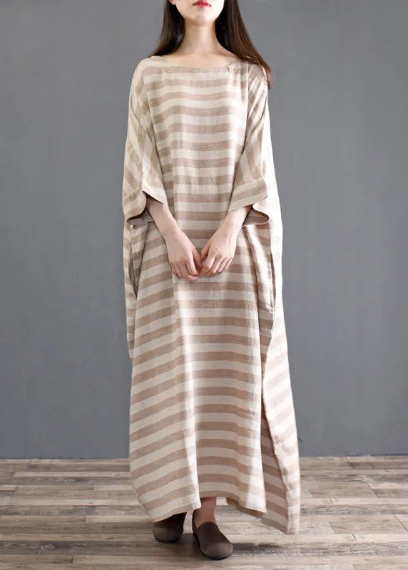 Khaki Striped Patchwork Oversized Cotton Long Dresses O-neck Half Sleeve