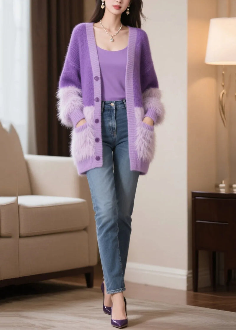 Modern Purple Oversized Patchwork Faux Fur Knit Cardigan Winter