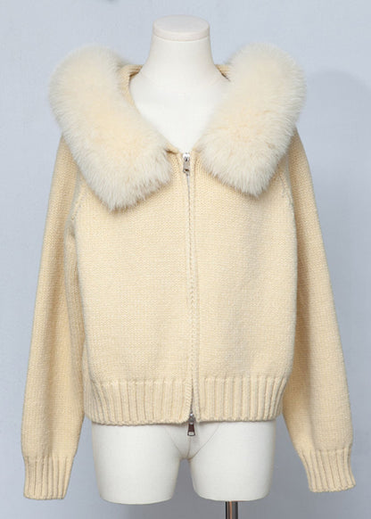 Fitted Yellow Fox Collar Zippered Patchwork Knit Coats Fall