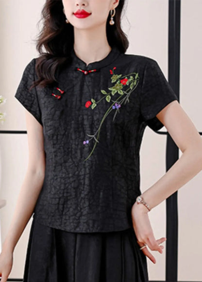 Red Stand Collar Embroidered Silk Blouses Summer