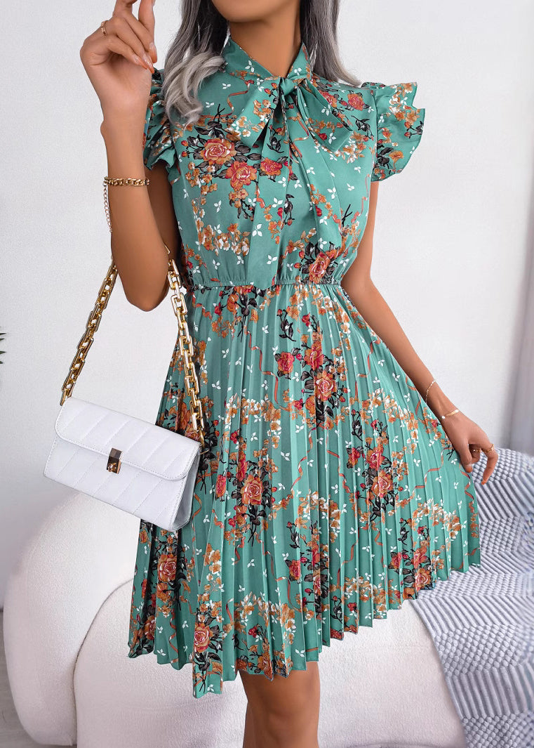 Green Print Lace Up Cotton Mid Dress Summer