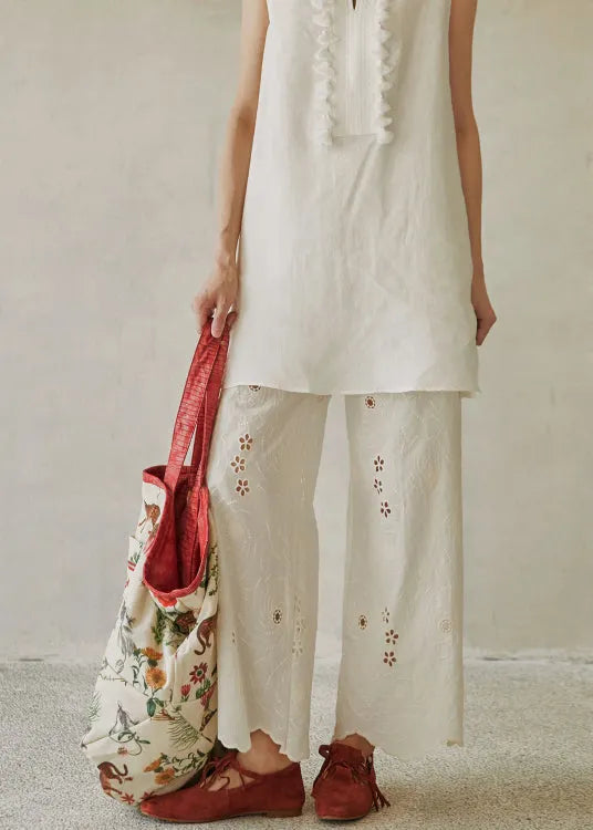 Beige Embroidered Pockets Cotton Wide Leg Pants Summer