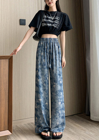 Blue Elastic Waist Tie Dye Silk Straight Pants Spring