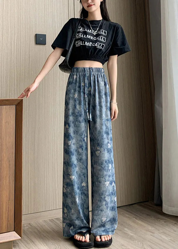 Blue Elastic Waist Tie Dye Silk Straight Pants Spring